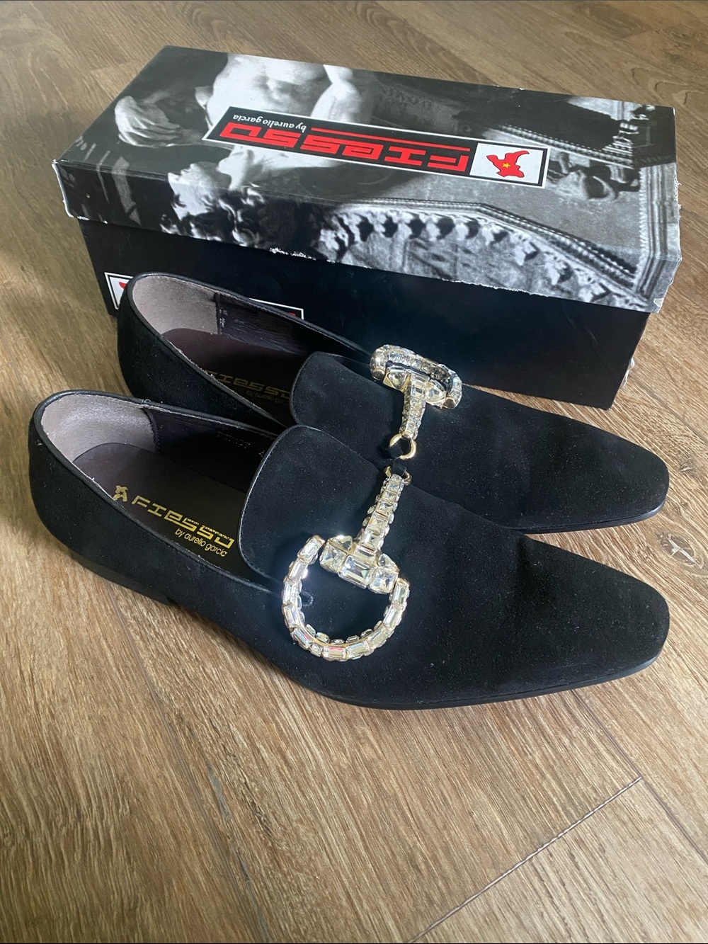 Fiesso by Aurelio Garcia black suede rhinestone buckle Loafers size 13 men’s